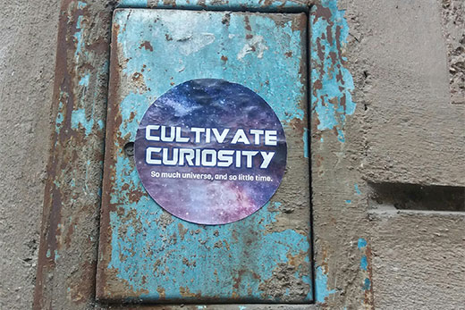 Aufkleber auf alter Mauer auf dem Cultivate Curiosity steht.