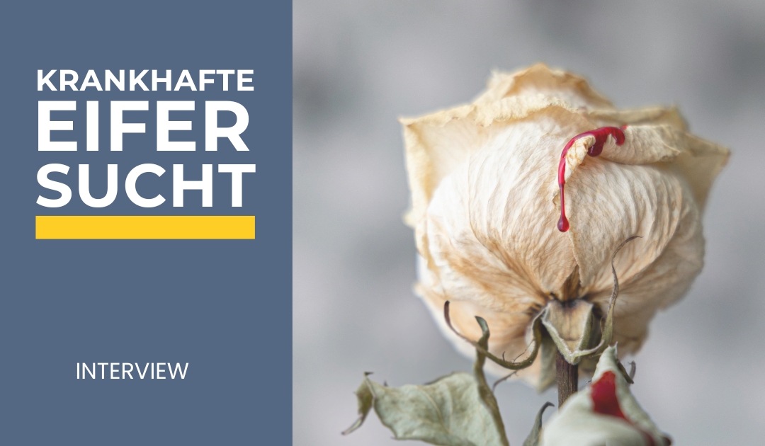 Verwelkte weiße Rose mit rotem Tropfen symbolisiert die zerstörerische Wirkung krankhafter Eifersucht auf Beziehungen