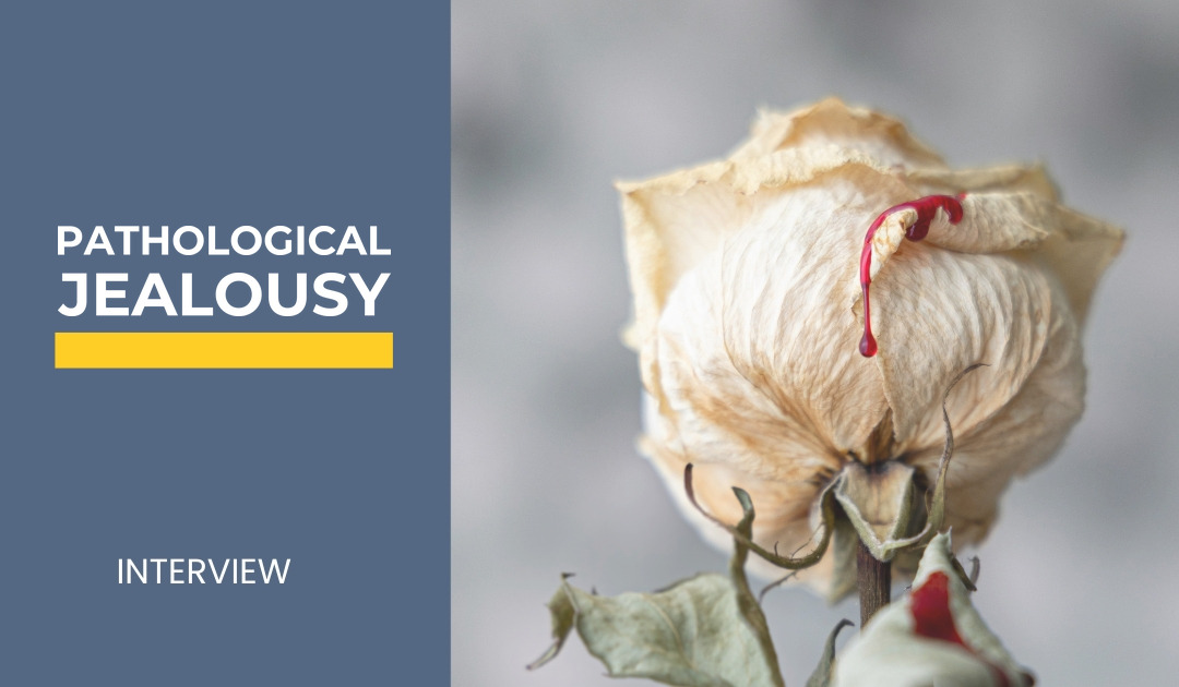 Withered white rose with a red drop, symbolizing the destructive effect of pathological jealousy on relationships